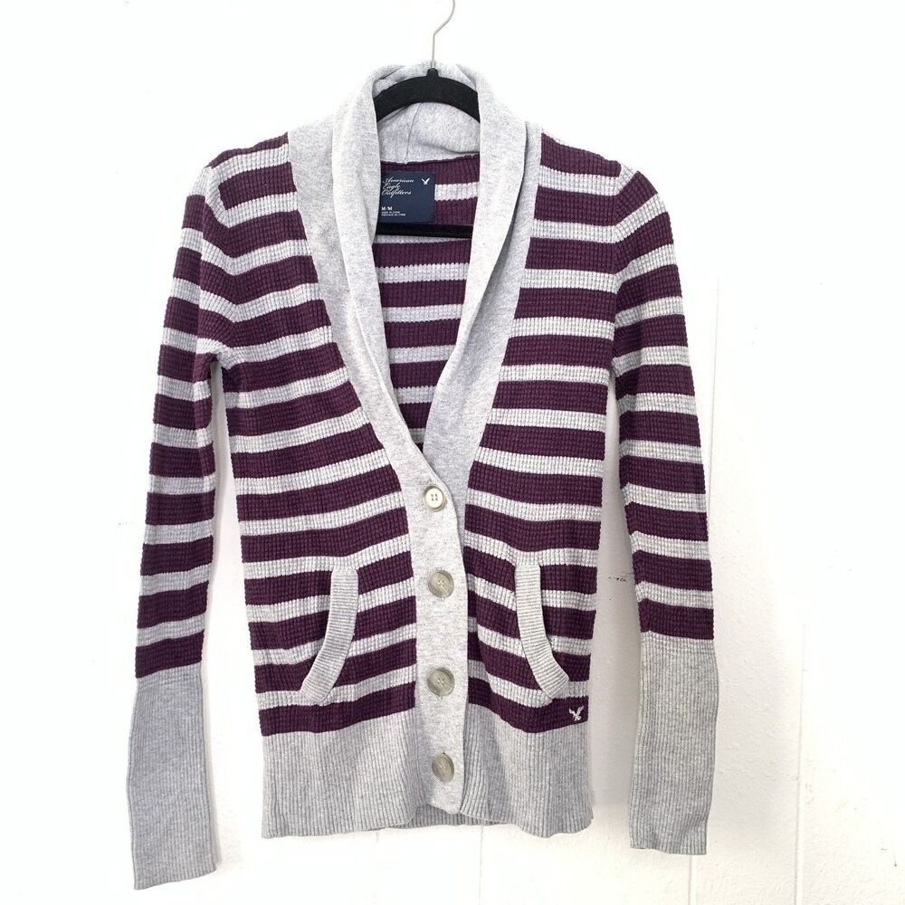 Vtg American Eagle Cardigan Sweater Waffle Stripes MySpace Scene 2010s Alt Pop